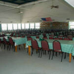 Overview of Dining Hall setup with rows of tables and chairs