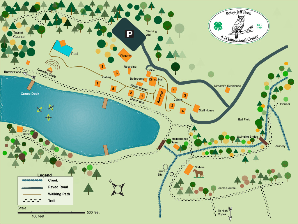 Map showing BJP layout of trails, cabins, and activities